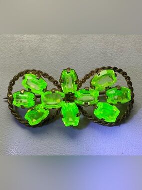 Antique Czech Canary Crystal Glass Brooch Uranium Black Light